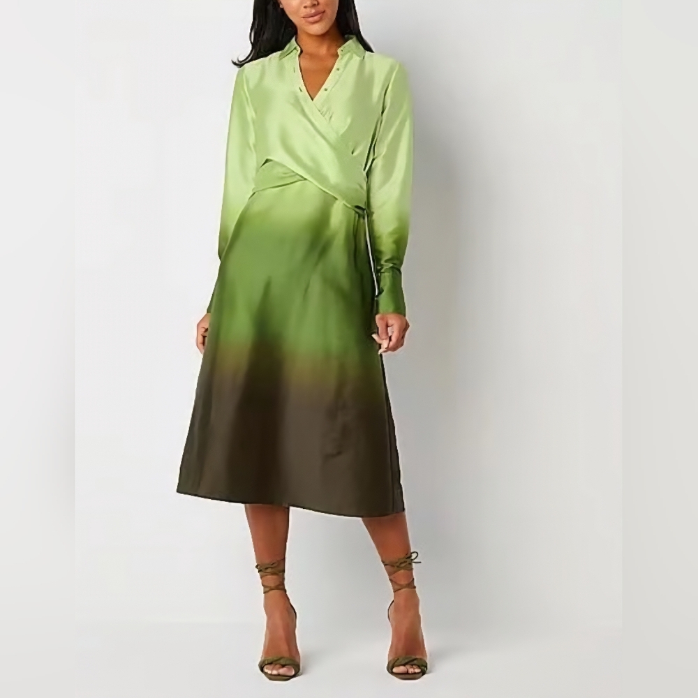 Worthington Satin Ombre V-neckline Wrap Midi Zip Dress